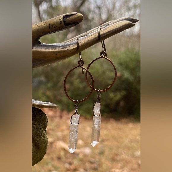 Handmade Bronze and Clear Quartz Dangle Earrings - Picture 2 of 3